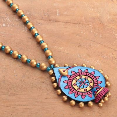 Alternate image for Folk Art Floral Blue and Golden Ceramic Pendant Necklace Petal Glory