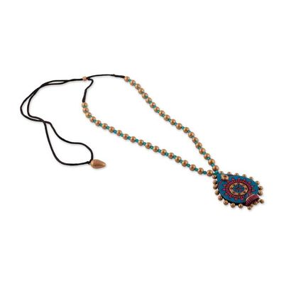 Alternate image for Folk Art Floral Blue and Golden Ceramic Pendant Necklace Petal Glory