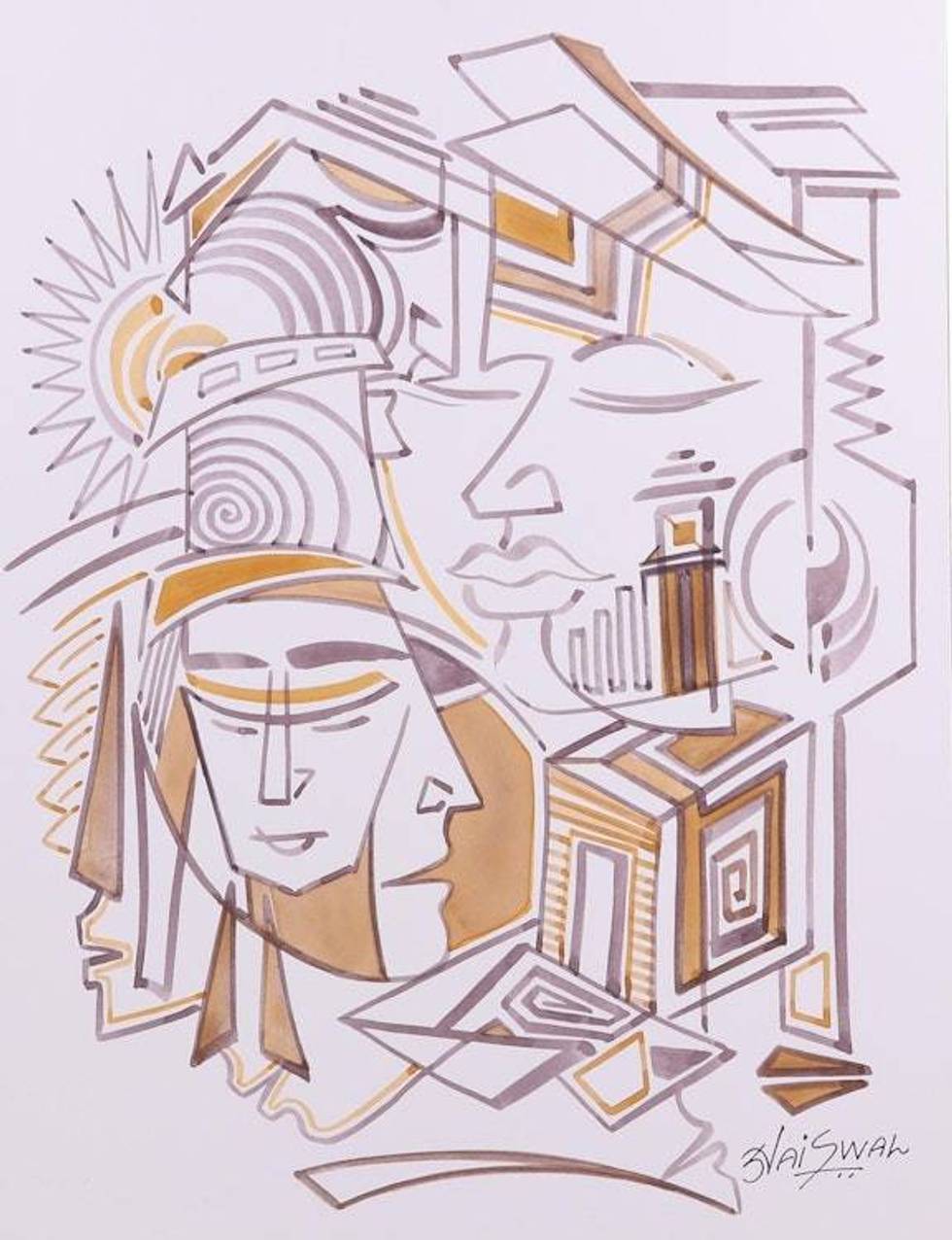 Signed Surrealist Painting in Brown from India 'Journey of Life'