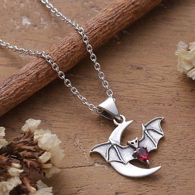 Primary image for Bat and Moon-Themed Mens Garnet Silver Pendant Necklace Crescent Guardian