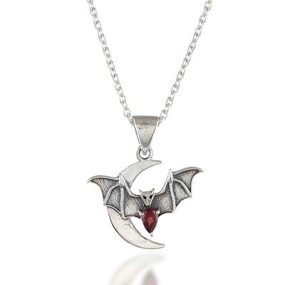 Alternate image for Bat and Moon-Themed Mens Garnet Silver Pendant Necklace Crescent Guardian