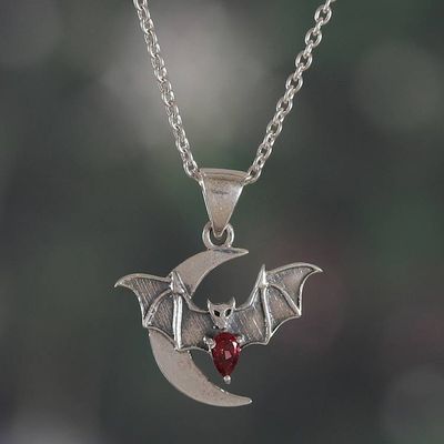 Alternate image for Bat and Moon-Themed Mens Garnet Silver Pendant Necklace Crescent Guardian