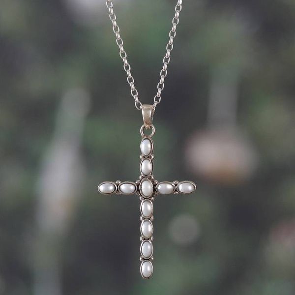 Alternate image for Sterling Silver Cross Pendant Necklace with Cultured Pearls Lustrous Cross
