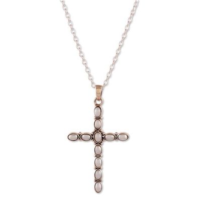 Alternate image for Sterling Silver Cross Pendant Necklace with Cultured Pearls Lustrous Cross