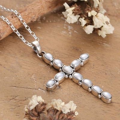 Alternate image for Sterling Silver Cross Pendant Necklace with Cultured Pearls Lustrous Cross
