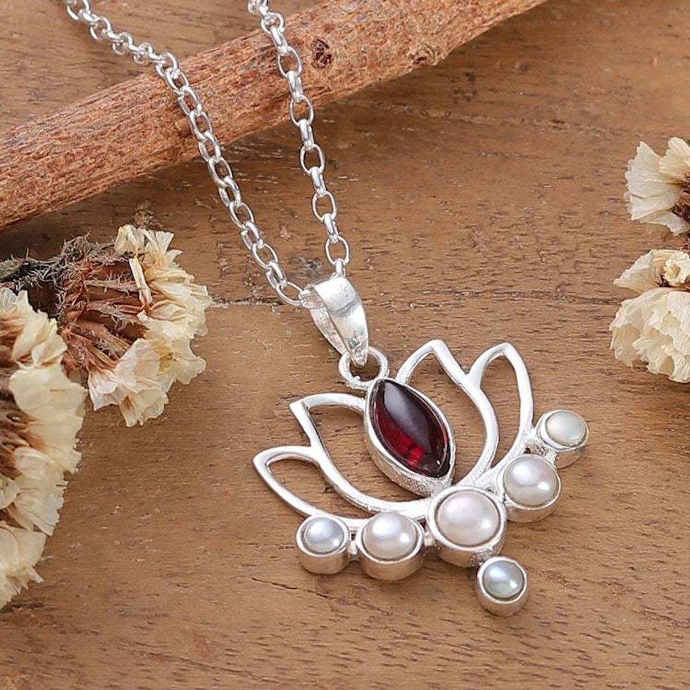 Lotus Flower Cultured Pearl Garnet Silver Pendant Necklace 'Exquisite Lotus'