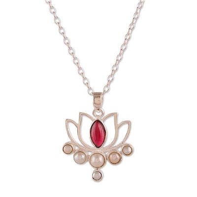 Alternate image for Lotus Flower Cultured Pearl Garnet Silver Pendant Necklace Exquisite Lotus