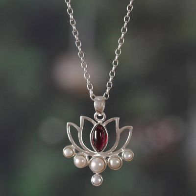 Alternate image for Lotus Flower Cultured Pearl Garnet Silver Pendant Necklace Exquisite Lotus