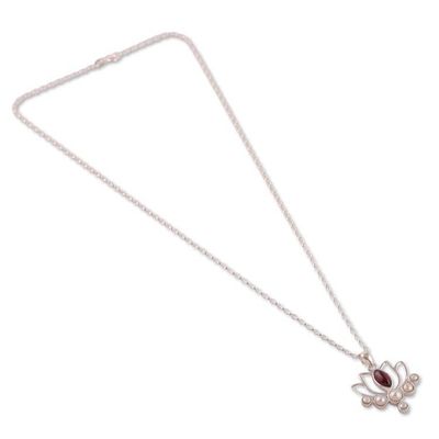 Alternate image for Lotus Flower Cultured Pearl Garnet Silver Pendant Necklace Exquisite Lotus