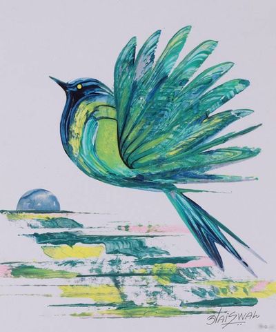 Alternate image for Abstract Acrylic on Paper Artwork of Exotic Bird in Green Emerald Rise