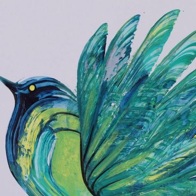 Alternate image for Abstract Acrylic on Paper Artwork of Exotic Bird in Green Emerald Rise