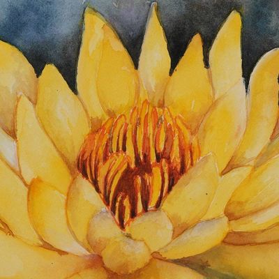 Alternate image for Watercolor on Paper Artwork of a Blooming Yellow Water Lily Golden Bloom