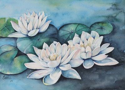 Alternate image for Watercolor on Paper Painting of a Pond with Lotus Flowers Whispers of the Lotus Pond