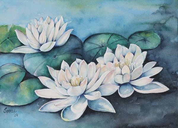 Alternate image for Watercolor on Paper Painting of a Pond with Lotus Flowers Whispers of the Lotus Pond