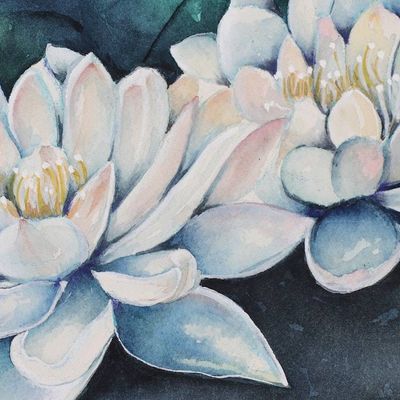Alternate image for Watercolor on Paper Painting of a Pond with Lotus Flowers Whispers of the Lotus Pond