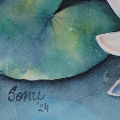 Alternate image for Watercolor on Paper Painting of a Pond with Lotus Flowers Whispers of the Lotus Pond