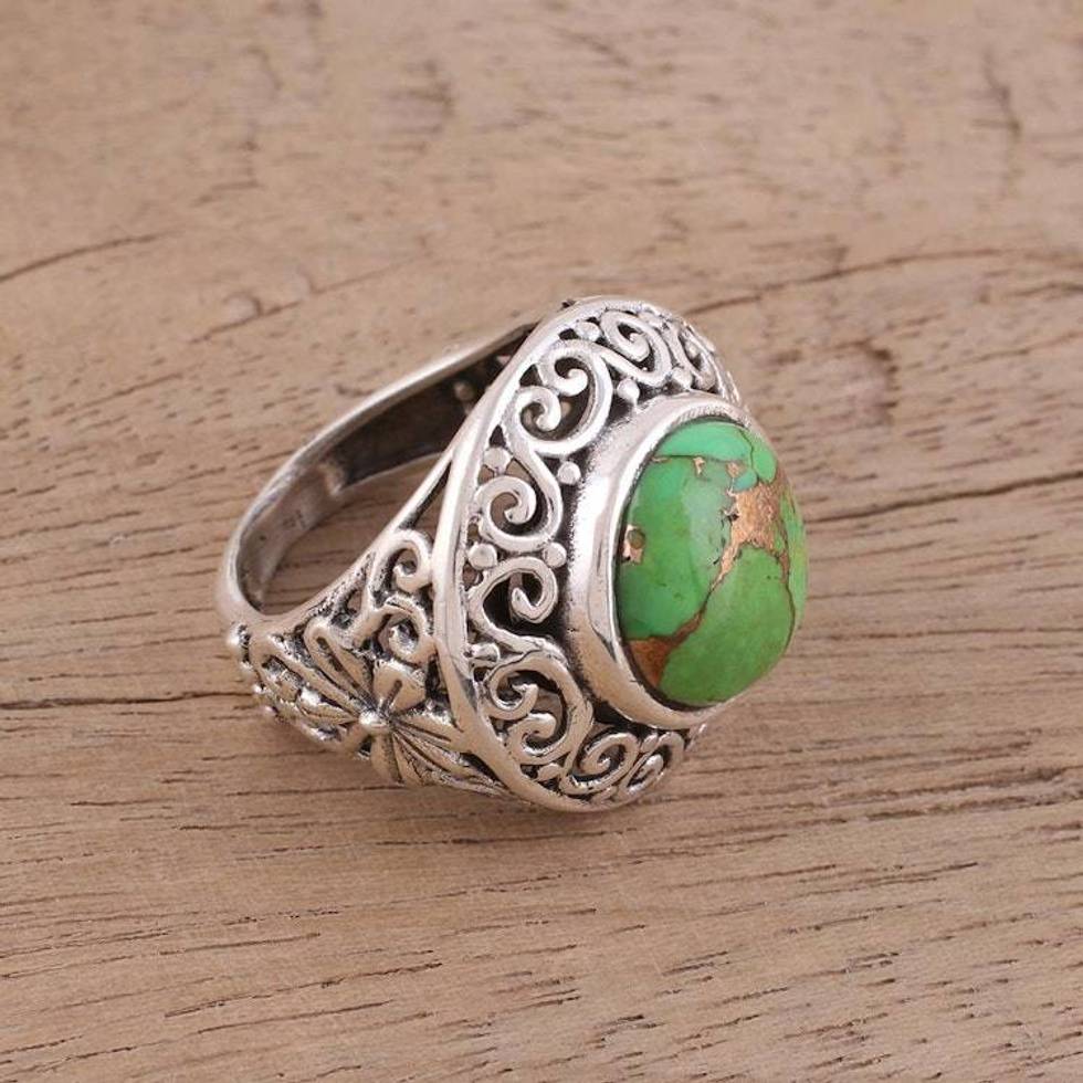 Handcrafted Silver Jali Ring with Green Composite Turquoise 'Verdant Electricity'