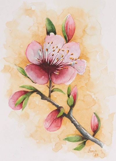 Alternate image for Cherry Blossom Branch-Themed Watercolor on Paper Painting Blossoms of Spring