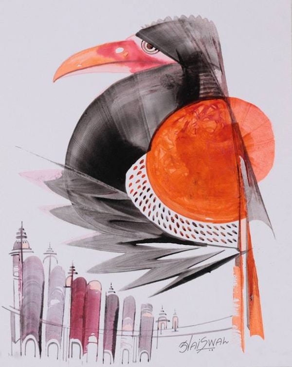 Alternate image for Abstract Modern Acrylic on Paper Painting of Exotic Bird City Sentinel