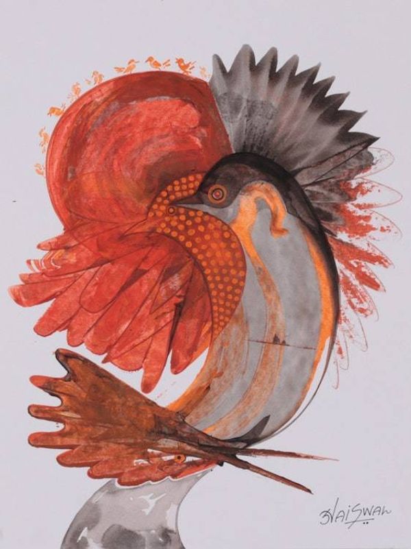 Alternate image for Abstract Modern Orange Brown Acrylic on Paper Bird Painting Crimson Crest