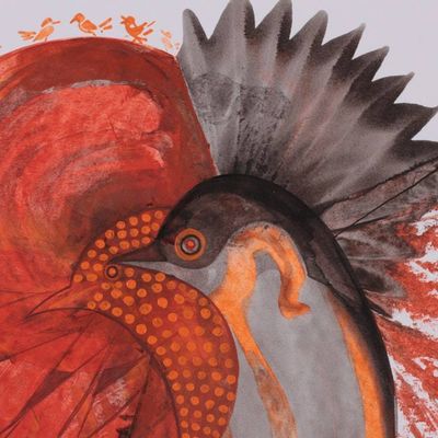 Alternate image for Abstract Modern Orange Brown Acrylic on Paper Bird Painting Crimson Crest
