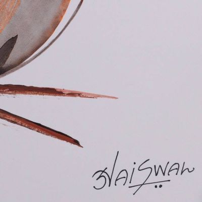 Alternate image for Abstract Modern Orange Brown Acrylic on Paper Bird Painting Crimson Crest