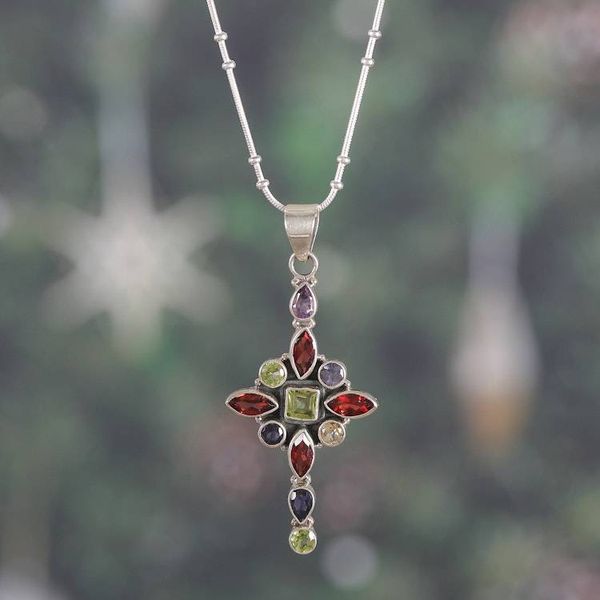 Alternate image for Cross-Themed 5-Carat Faceted Multi-Gemstone Pendant Necklace Legacy of Faith