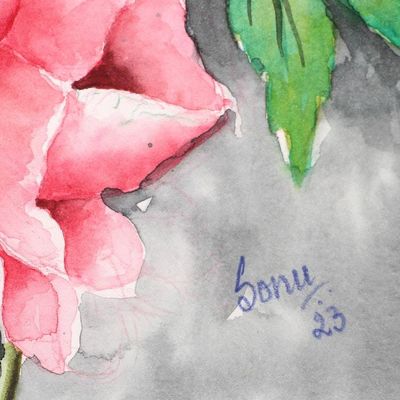 Alternate image for Watercolor Painting of Poppy Blooms and Buds with Leaves Poppy Bloom