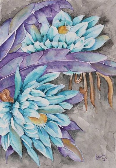 Primary image for Blue Purple Floral Leaf-Themed Watercolor on Paper Painting Moonlit Blossoms