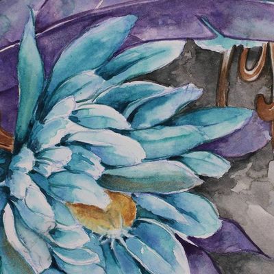 Alternate image for Blue Purple Floral Leaf-Themed Watercolor on Paper Painting Moonlit Blossoms
