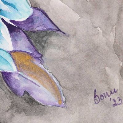 Alternate image for Blue Purple Floral Leaf-Themed Watercolor on Paper Painting Moonlit Blossoms