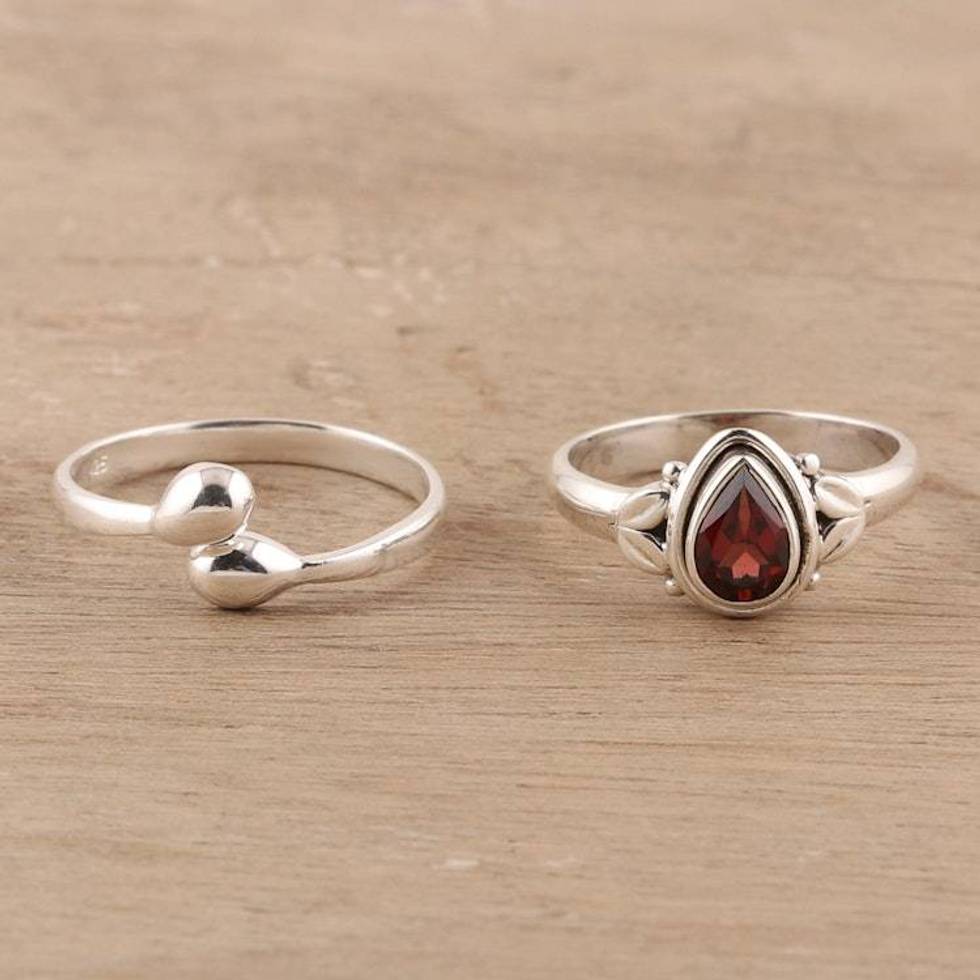 Garnet and Sterling Silver Rings Crafted in India Pair 'Gemstone Radiance'