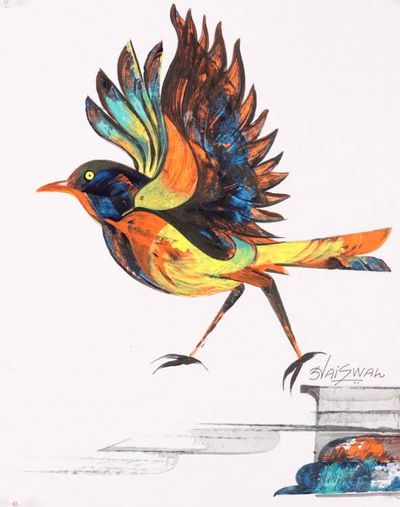 Primary image for Colorful Acrylic on Paper Painting of Exotic Bird Mid-Stride Leap of Color