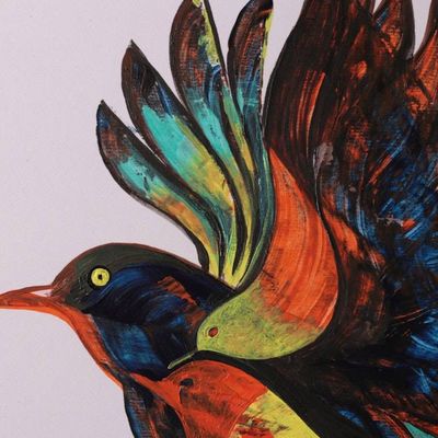 Alternate image for Colorful Acrylic on Paper Painting of Exotic Bird Mid-Stride Leap of Color