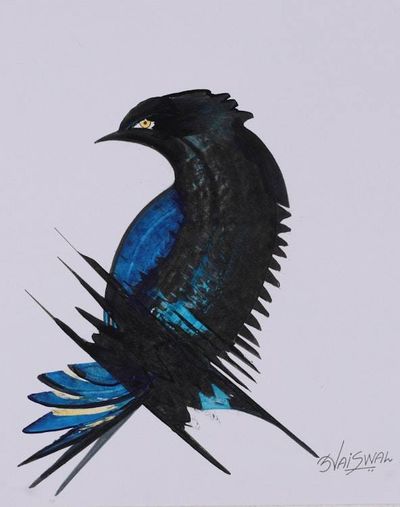 Primary image for Acrylic on Paper Painting of Exotic Bird in Black and Blue Midnight Plumage