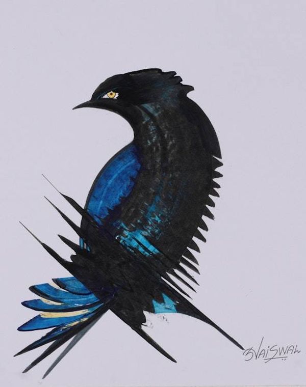 Alternate image for Acrylic on Paper Painting of Exotic Bird in Black and Blue Midnight Plumage