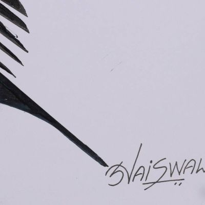 Alternate image for Acrylic on Paper Painting of Exotic Bird in Black and Blue Midnight Plumage