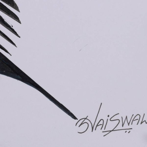 Alternate image for Acrylic on Paper Painting of Exotic Bird in Black and Blue Midnight Plumage