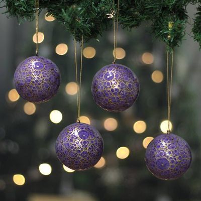 Alternate image for 4 Purple Golden-Hued Papier Mache Floral Christmas Ornaments Purple Elegance