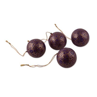 Alternate image for 4 Purple Golden-Hued Papier Mache Floral Christmas Ornaments Purple Elegance