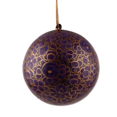 Alternate image for 4 Purple Golden-Hued Papier Mache Floral Christmas Ornaments Purple Elegance
