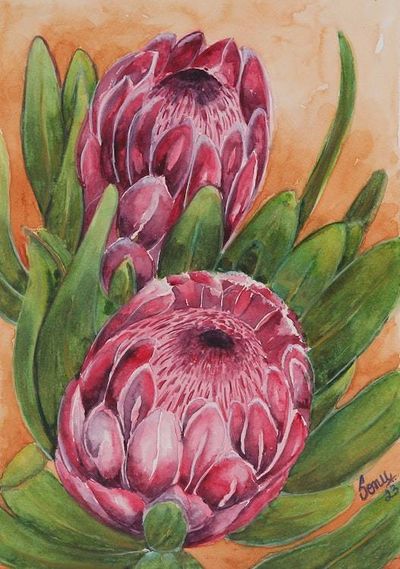 Primary image for Protea Flower-Themed Watercolor on Paper Painting from India Protea Elegance