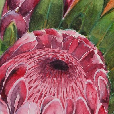 Alternate image for Protea Flower-Themed Watercolor on Paper Painting from India Protea Elegance