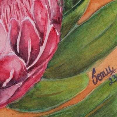 Alternate image for Protea Flower-Themed Watercolor on Paper Painting from India Protea Elegance