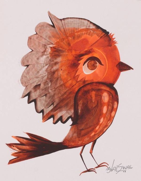 Alternate image for Bird-Themed Whimsical Signed Acrylic on Paper Naif Painting Magical Bird