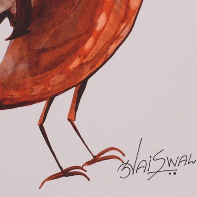 Alternate image for Bird-Themed Whimsical Signed Acrylic on Paper Naif Painting Magical Bird