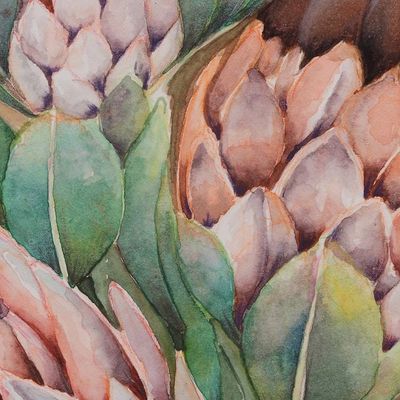 Alternate image for Watercolor on Paper Painting of Protea Flowers with Leaves Protea Splendour