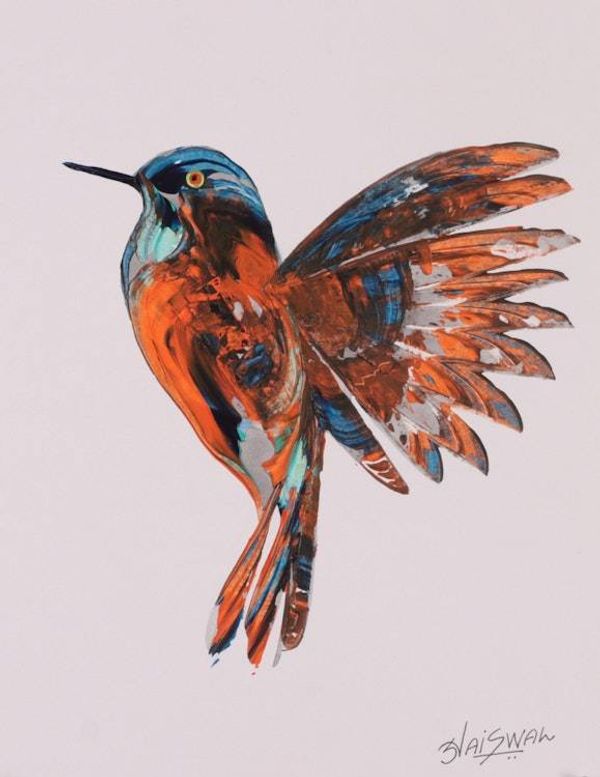 Alternate image for Impressionist Hummingbird-Themed Acrylic on Paper Painting Vibrant Flight