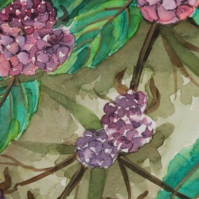 Primary image for Mulberry Bush with Ripe Berries Watercolor on Paper Painting Berries in Bloom