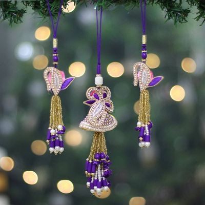 Alternate image for 3 Cotton Beaded Christmas Ornaments with Floral Leaf Motif Purple Glamour